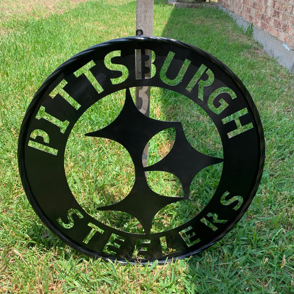 PITTSBURGH BLACK METAL DISC CUSTOM VINTAGE CRAFT TEAM SPORTS SIGN HANDMADE