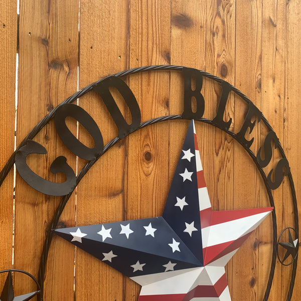 GOD BLESS OUR HOME USA FLAG STAR METAL BARN STAR TWISTED ROPE RING WALL ART WESTERN HOME DECOR RUSTIC RED WHITE & BLUE WITH BLACK RING HANDMADE NEW