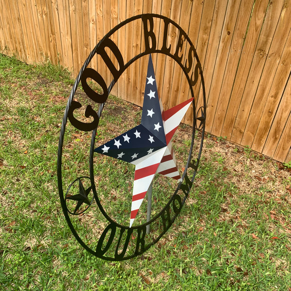 GOD BLESS OUR HOME USA FLAG STAR METAL BARN STAR TWISTED ROPE RING WALL ART WESTERN HOME DECOR RUSTIC RED WHITE & BLUE WITH BLACK RING HANDMADE NEW