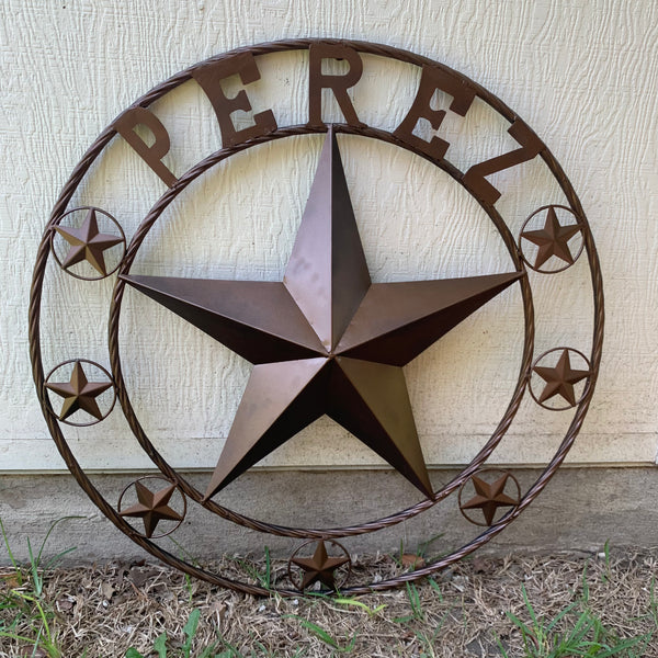 PEREZ CUSTOM STAR NAME BARN METAL STAR 3d TWISTED ROPE RING WESTERN HOME DECOR RUSTIC  BRONZE HANDMADE 24",32",34",36",40",42",44",46",50"