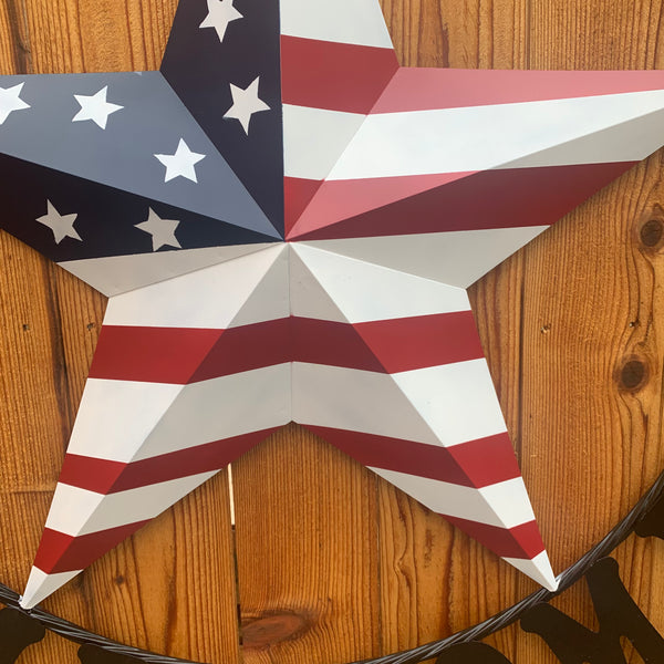 GOD BLESS OUR HOME USA FLAG STAR METAL BARN STAR TWISTED ROPE RING WALL ART WESTERN HOME DECOR RUSTIC RED WHITE & BLUE WITH BLACK RING HANDMADE NEW