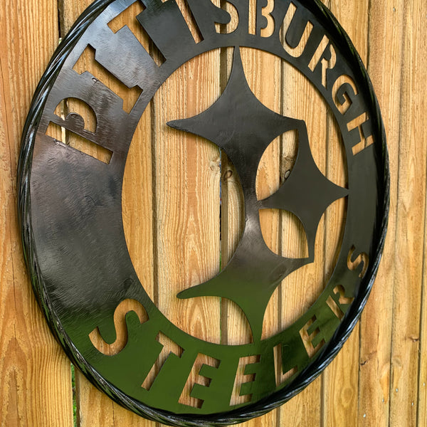 PITTSBURGH BLACK METAL DISC CUSTOM VINTAGE CRAFT TEAM SPORTS SIGN HANDMADE