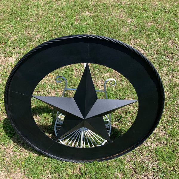 36" RUSTIC BLACK LONE STAR WIDE BAND RING TWISTED ROPE RING 3d METAL STAR WALL ART WESTERN HOME DECOR HANDMADE NEW #EH11879