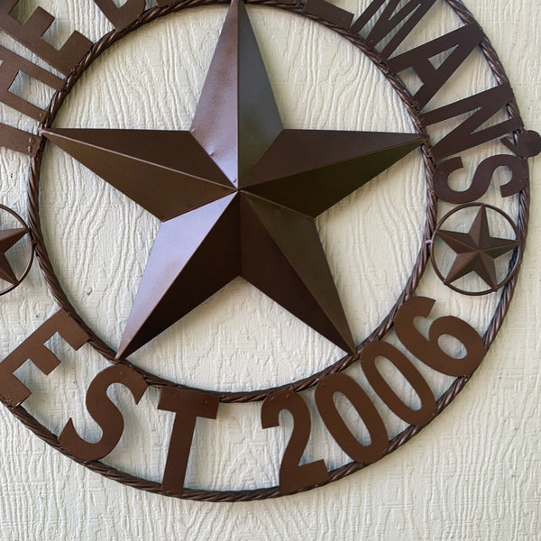 GUZMAN STYLE CUSTOM STAR NAME BARN METAL STAR 3d TWISTED ROPE RING WESTERN HOME DECOR RUSTIC  BRONZE HANDMADE 24",32",34",36",40",42",44",46",50"