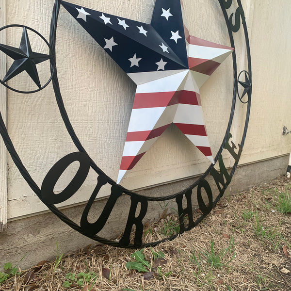 GOD BLESS OUR HOME USA FLAG STAR METAL BARN STAR TWISTED ROPE RING WALL ART WESTERN HOME DECOR RUSTIC RED WHITE & BLUE WITH BLACK RING HANDMADE NEW