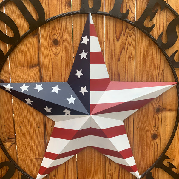 GOD BLESS OUR HOME USA FLAG STAR METAL BARN STAR TWISTED ROPE RING WALL ART WESTERN HOME DECOR RUSTIC RED WHITE & BLUE WITH BLACK RING HANDMADE NEW