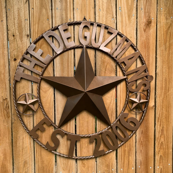 GUZMAN STYLE CUSTOM STAR NAME BARN METAL STAR 3d TWISTED ROPE RING WESTERN HOME DECOR RUSTIC  BRONZE HANDMADE 24",32",34",36",40",42",44",46",50"