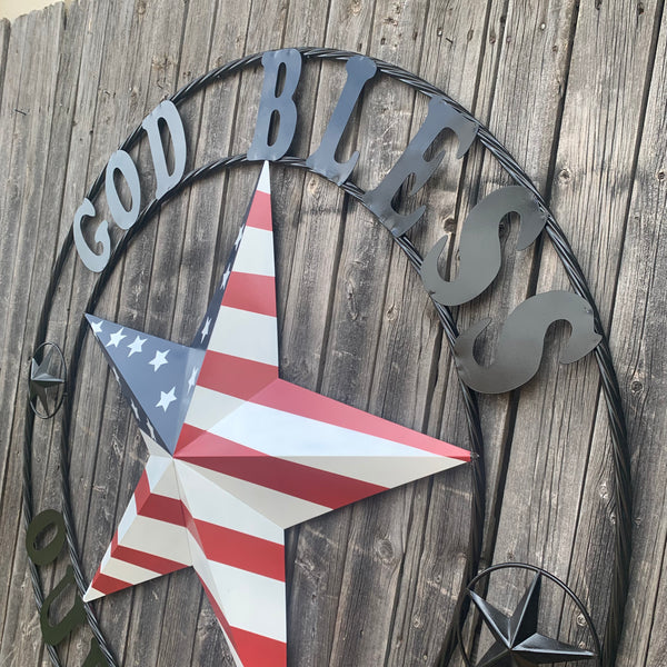GOD BLESS OUR HOME USA FLAG STAR METAL BARN STAR TWISTED ROPE RING WALL ART WESTERN HOME DECOR RUSTIC RED WHITE & BLUE WITH BLACK RING HANDMADE NEW
