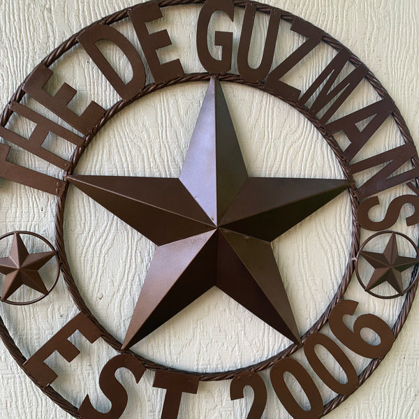 GUZMAN STYLE CUSTOM STAR NAME BARN METAL STAR 3d TWISTED ROPE RING WESTERN HOME DECOR RUSTIC  BRONZE HANDMADE 24",32",34",36",40",42",44",46",50"