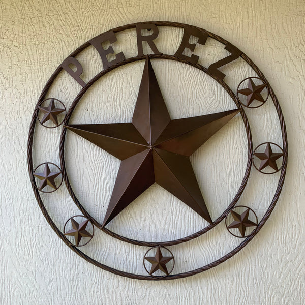 PEREZ CUSTOM STAR NAME BARN METAL STAR 3d TWISTED ROPE RING WESTERN HOME DECOR RUSTIC  BRONZE HANDMADE 24",32",34",36",40",42",44",46",50"