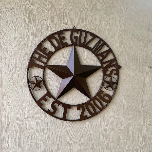 GUZMAN STYLE CUSTOM STAR NAME BARN METAL STAR 3d TWISTED ROPE RING WESTERN HOME DECOR RUSTIC  BRONZE HANDMADE 24",32",34",36",40",42",44",46",50"