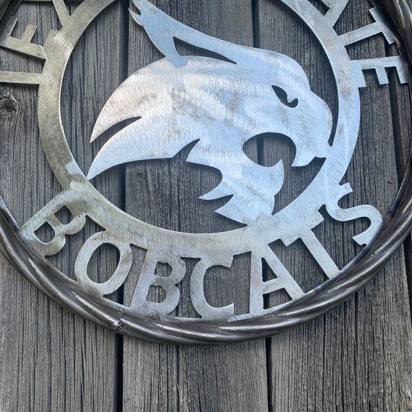 12" TEXAS STATE BOBCATS CUSTOM RAW METAL VINTAGE CRAFT SIGN TEAM ART HANDMADE IN TEXAS