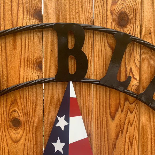 GOD BLESS OUR HOME USA FLAG STAR METAL BARN STAR TWISTED ROPE RING WALL ART WESTERN HOME DECOR RUSTIC RED WHITE & BLUE WITH BLACK RING HANDMADE NEW