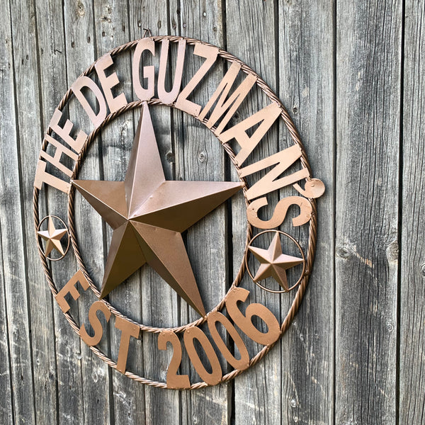 GUZMAN STYLE CUSTOM STAR NAME BARN METAL STAR 3d TWISTED ROPE RING WESTERN HOME DECOR RUSTIC  BRONZE HANDMADE 24",32",34",36",40",42",44",46",50"