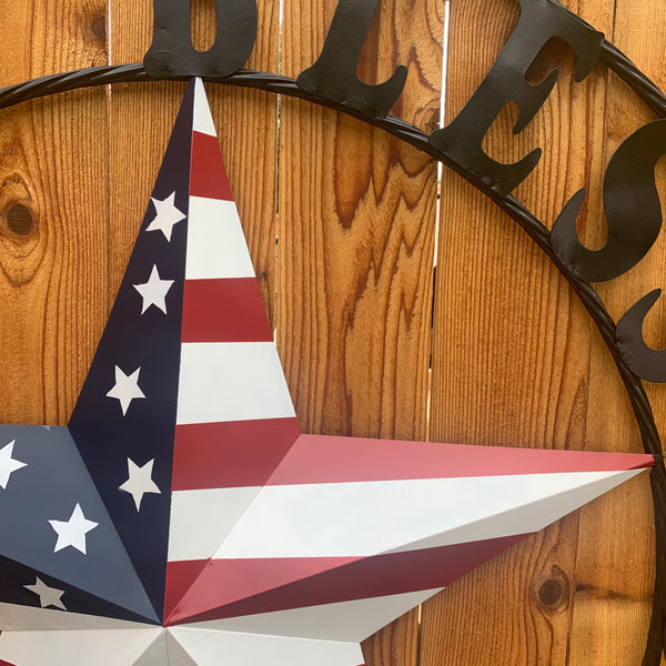 GOD BLESS OUR HOME USA FLAG STAR METAL BARN STAR TWISTED ROPE RING WALL ART WESTERN HOME DECOR RUSTIC RED WHITE & BLUE WITH BLACK RING HANDMADE NEW