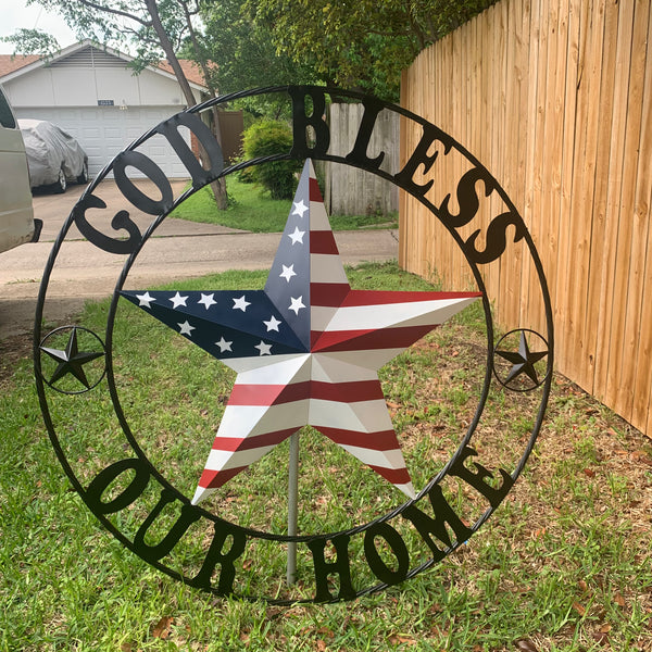 GOD BLESS OUR HOME USA FLAG STAR METAL BARN STAR TWISTED ROPE RING WALL ART WESTERN HOME DECOR RUSTIC RED WHITE & BLUE WITH BLACK RING HANDMADE NEW