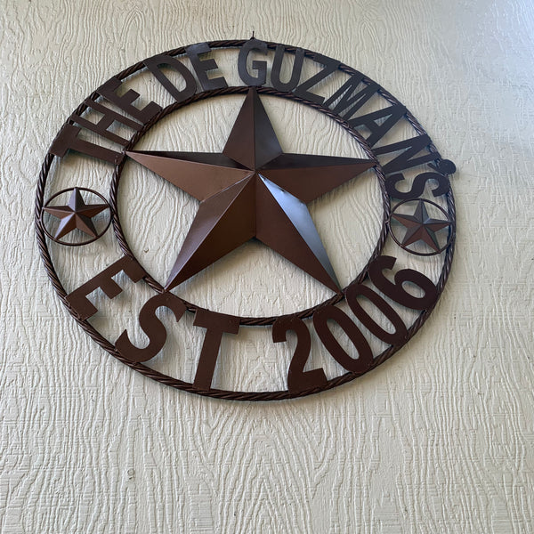 GUZMAN STYLE CUSTOM STAR NAME BARN METAL STAR 3d TWISTED ROPE RING WESTERN HOME DECOR RUSTIC  BRONZE HANDMADE 24",32",34",36",40",42",44",46",50"