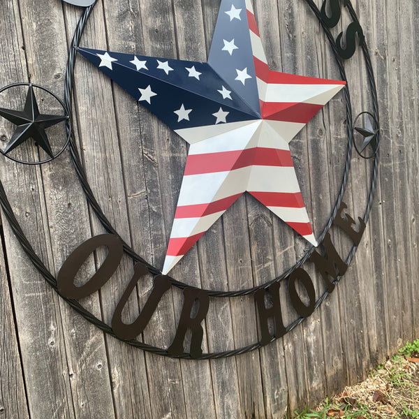 GOD BLESS OUR HOME USA FLAG STAR METAL BARN STAR TWISTED ROPE RING WALL ART WESTERN HOME DECOR RUSTIC RED WHITE & BLUE WITH BLACK RING HANDMADE NEW