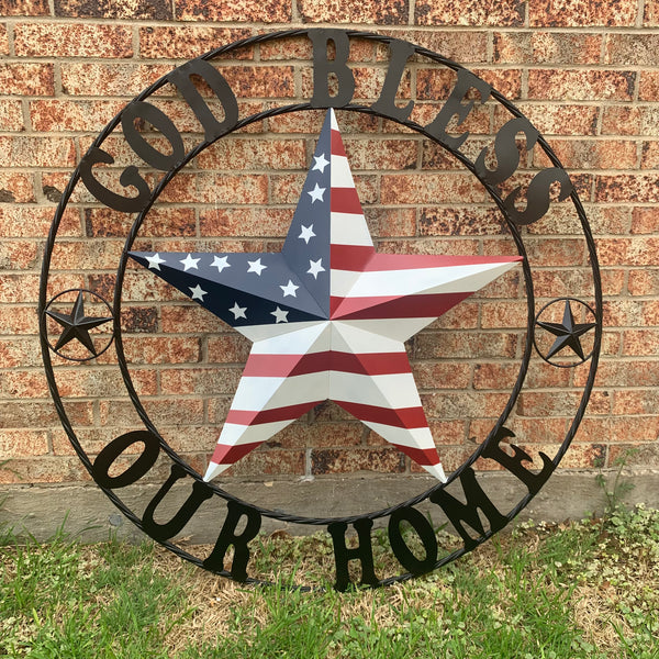 GOD BLESS OUR HOME USA FLAG STAR METAL BARN STAR TWISTED ROPE RING WALL ART WESTERN HOME DECOR RUSTIC RED WHITE & BLUE WITH BLACK RING HANDMADE NEW