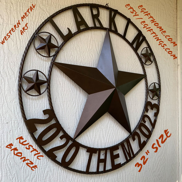 LARKIN STYLE CUSTOM STAR NAME BARN METAL STAR 3d TWISTED ROPE RING WESTERN HOME DECOR RUSTIC  BRONZE HANDMADE 24",32",34",36",40",42",44",46",50"