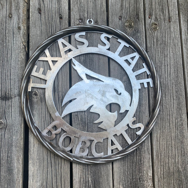 12" TEXAS STATE BOBCATS CUSTOM RAW METAL VINTAGE CRAFT SIGN TEAM ART HANDMADE IN TEXAS