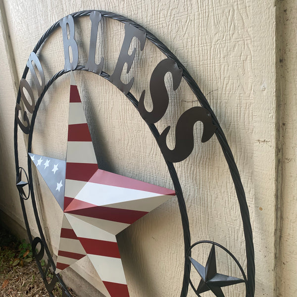 GOD BLESS OUR HOME USA FLAG STAR METAL BARN STAR TWISTED ROPE RING WALL ART WESTERN HOME DECOR RUSTIC RED WHITE & BLUE WITH BLACK RING HANDMADE NEW