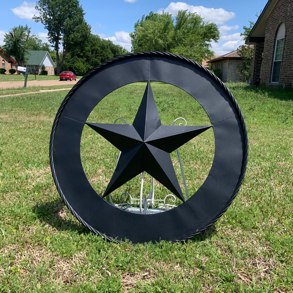 36" RUSTIC BLACK LONE STAR WIDE BAND RING TWISTED ROPE RING METAL STAR WALL ART WESTERN HOME DECOR HANDMADE NEW