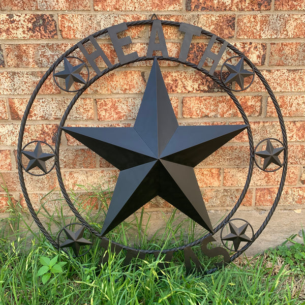 HEATH TEXAS STYLE CUSTOM STAR NAME BARN METAL STAR 3d TWISTED ROPE RING WESTERN HOME DECOR HANDMADE RUSTIC BLACK 24",32",34",36",40",42",44",46",50"