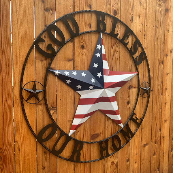 GOD BLESS OUR HOME USA FLAG STAR METAL BARN STAR TWISTED ROPE RING WALL ART WESTERN HOME DECOR RUSTIC RED WHITE & BLUE WITH BLACK RING HANDMADE NEW