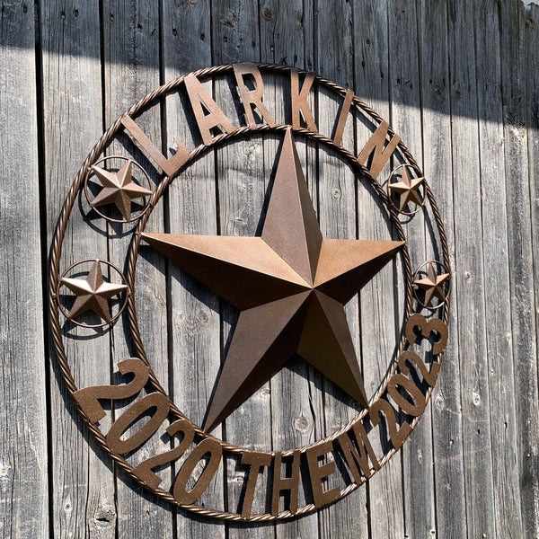 LARKIN STYLE CUSTOM STAR NAME BARN METAL STAR 3d TWISTED ROPE RING WESTERN HOME DECOR RUSTIC  BRONZE HANDMADE 24",32",34",36",40",42",44",46",50"