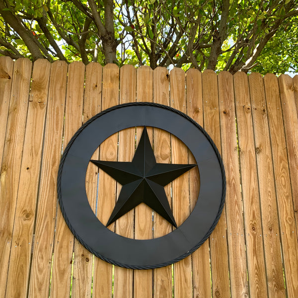 36" RUSTIC BLACK LONE STAR WIDE BAND RING TWISTED ROPE RING METAL STAR WALL ART WESTERN HOME DECOR HANDMADE NEW