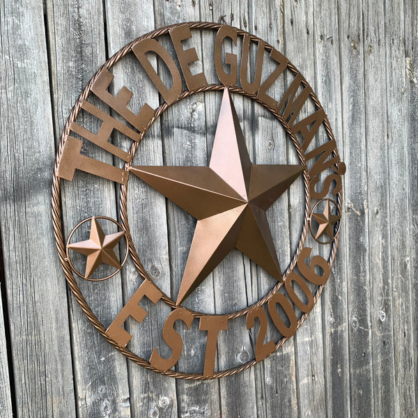 GUZMAN STYLE CUSTOM STAR NAME BARN METAL STAR 3d TWISTED ROPE RING WESTERN HOME DECOR RUSTIC  BRONZE HANDMADE 24",32",34",36",40",42",44",46",50"