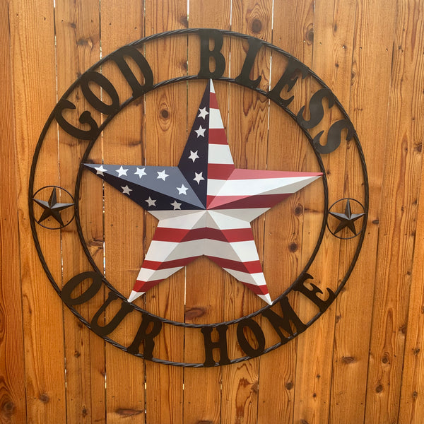 GOD BLESS OUR HOME USA FLAG STAR METAL BARN STAR TWISTED ROPE RING WALL ART WESTERN HOME DECOR RUSTIC RED WHITE & BLUE WITH BLACK RING HANDMADE NEW