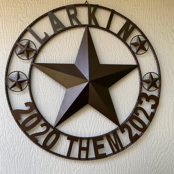 LARKIN STYLE CUSTOM STAR NAME BARN METAL STAR 3d TWISTED ROPE RING WESTERN HOME DECOR RUSTIC  BRONZE HANDMADE 24",32",34",36",40",42",44",46",50"