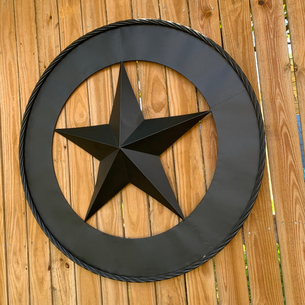 36" RUSTIC BLACK LONE STAR WIDE BAND RING TWISTED ROPE RING METAL STAR WALL ART WESTERN HOME DECOR HANDMADE NEW