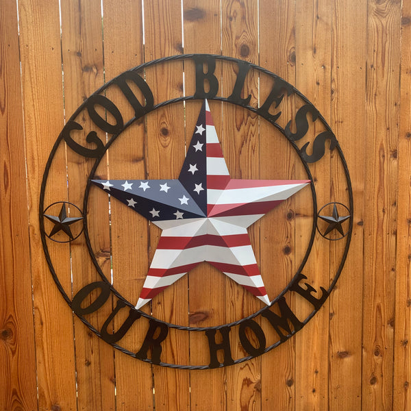 GOD BLESS OUR HOME USA FLAG STAR METAL BARN STAR TWISTED ROPE RING WALL ART WESTERN HOME DECOR RUSTIC RED WHITE & BLUE WITH BLACK RING HANDMADE NEW