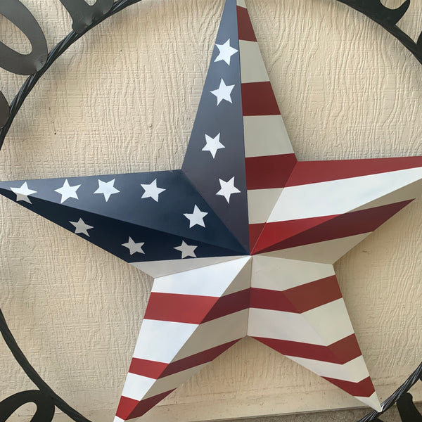 GOD BLESS OUR HOME USA FLAG STAR METAL BARN STAR TWISTED ROPE RING WALL ART WESTERN HOME DECOR RUSTIC RED WHITE & BLUE WITH BLACK RING HANDMADE NEW