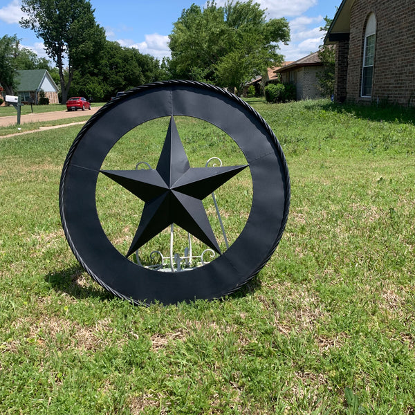 36" RUSTIC BLACK LONE STAR WIDE BAND RING TWISTED ROPE RING METAL STAR WALL ART WESTERN HOME DECOR HANDMADE NEW