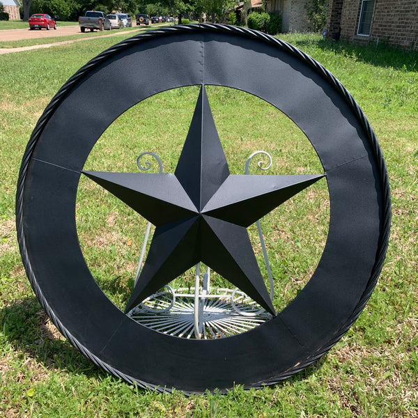 36" RUSTIC BLACK LONE STAR WIDE BAND RING TWISTED ROPE RING METAL STAR WALL ART WESTERN HOME DECOR HANDMADE NEW