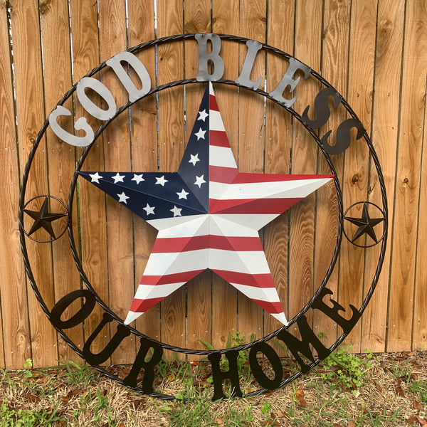 GOD BLESS OUR HOME USA FLAG STAR METAL BARN STAR TWISTED ROPE RING WALL ART WESTERN HOME DECOR RUSTIC RED WHITE & BLUE WITH BLACK RING HANDMADE NEW