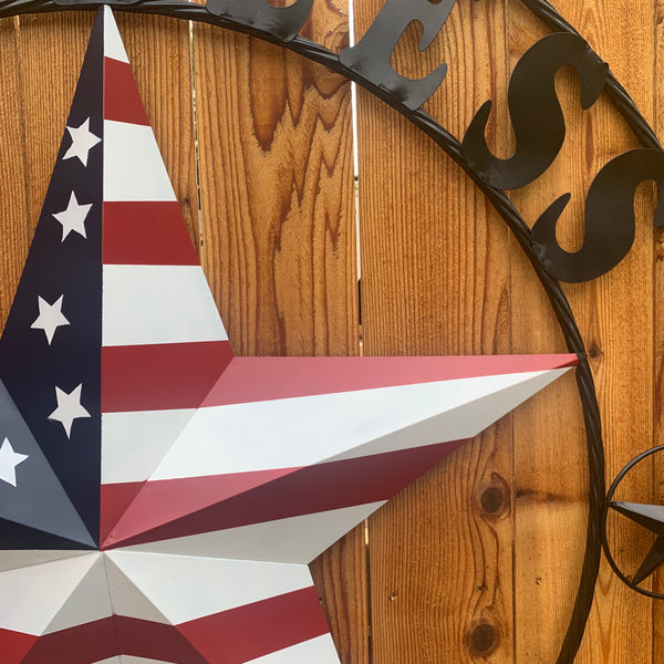 GOD BLESS OUR HOME USA FLAG STAR METAL BARN STAR TWISTED ROPE RING WALL ART WESTERN HOME DECOR RUSTIC RED WHITE & BLUE WITH BLACK RING HANDMADE NEW