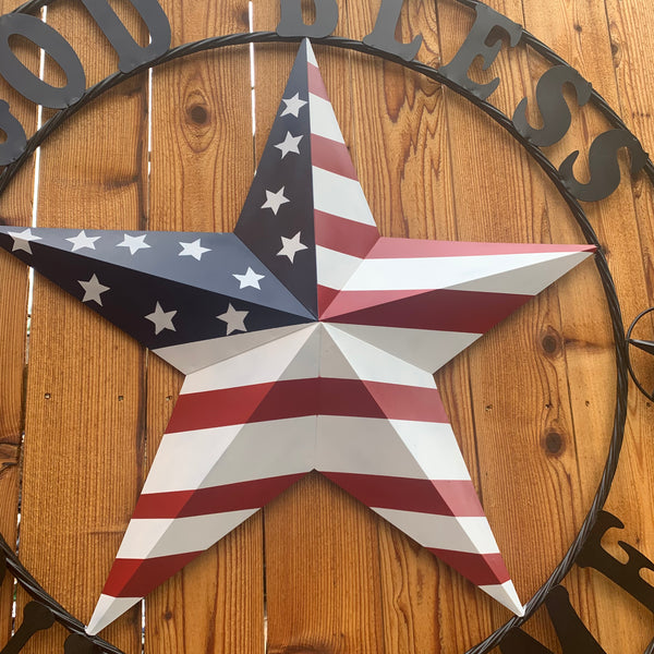 GOD BLESS OUR HOME USA FLAG STAR METAL BARN STAR TWISTED ROPE RING WALL ART WESTERN HOME DECOR RUSTIC RED WHITE & BLUE WITH BLACK RING HANDMADE NEW