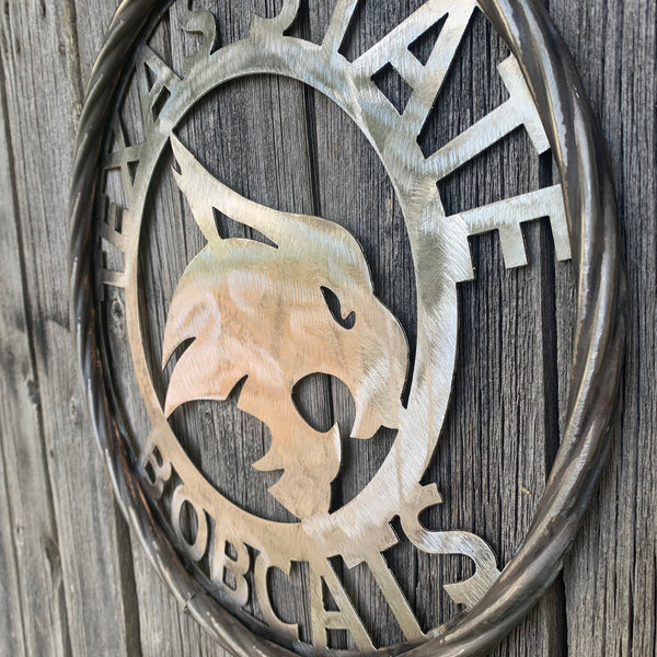 12" TEXAS STATE BOBCATS CUSTOM RAW METAL VINTAGE CRAFT SIGN TEAM ART HANDMADE IN TEXAS