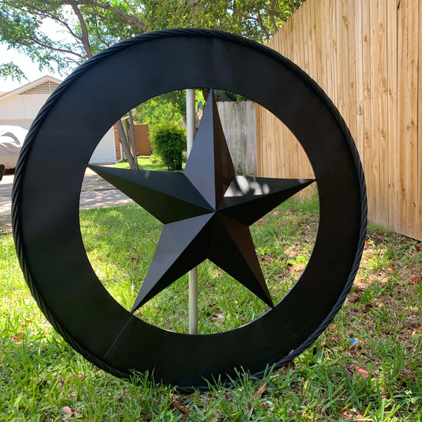 36" RUSTIC BLACK LONE STAR WIDE BAND RING TWISTED ROPE RING 3d METAL STAR WALL ART WESTERN HOME DECOR HANDMADE NEW #EH11879