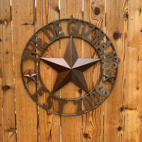 GUZMAN STYLE CUSTOM STAR NAME BARN METAL STAR 3d TWISTED ROPE RING WESTERN HOME DECOR RUSTIC  BRONZE HANDMADE 24",32",34",36",40",42",44",46",50"