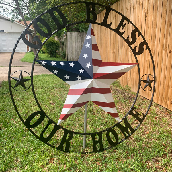 GOD BLESS OUR HOME USA FLAG STAR METAL BARN STAR TWISTED ROPE RING WALL ART WESTERN HOME DECOR RUSTIC RED WHITE & BLUE WITH BLACK RING HANDMADE NEW