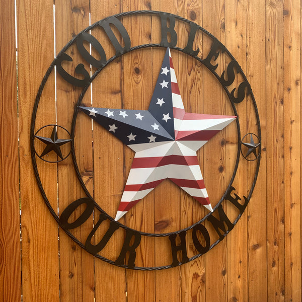 GOD BLESS OUR HOME USA FLAG STAR METAL BARN STAR TWISTED ROPE RING WALL ART WESTERN HOME DECOR RUSTIC RED WHITE & BLUE WITH BLACK RING HANDMADE NEW