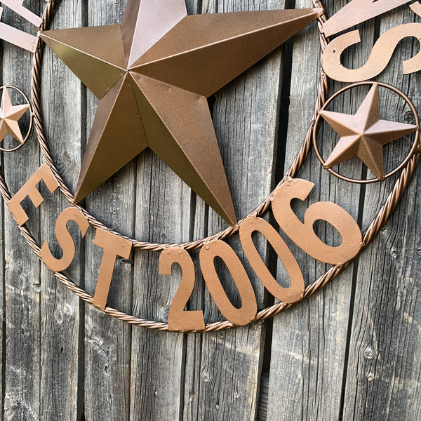 GUZMAN STYLE CUSTOM STAR NAME BARN METAL STAR 3d TWISTED ROPE RING WESTERN HOME DECOR RUSTIC  BRONZE HANDMADE 24",32",34",36",40",42",44",46",50"