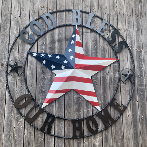 GOD BLESS OUR HOME USA FLAG STAR METAL BARN STAR TWISTED ROPE RING WALL ART WESTERN HOME DECOR RUSTIC RED WHITE & BLUE WITH BLACK RING HANDMADE NEW