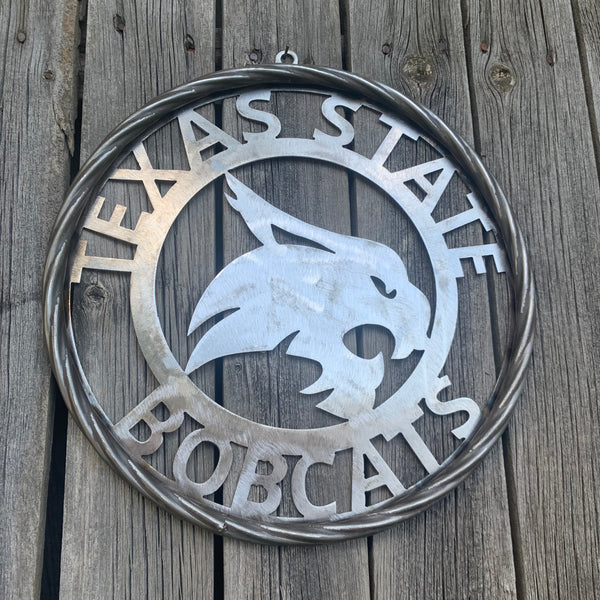 12" TEXAS STATE BOBCATS CUSTOM RAW METAL VINTAGE CRAFT SIGN TEAM ART HANDMADE IN TEXAS